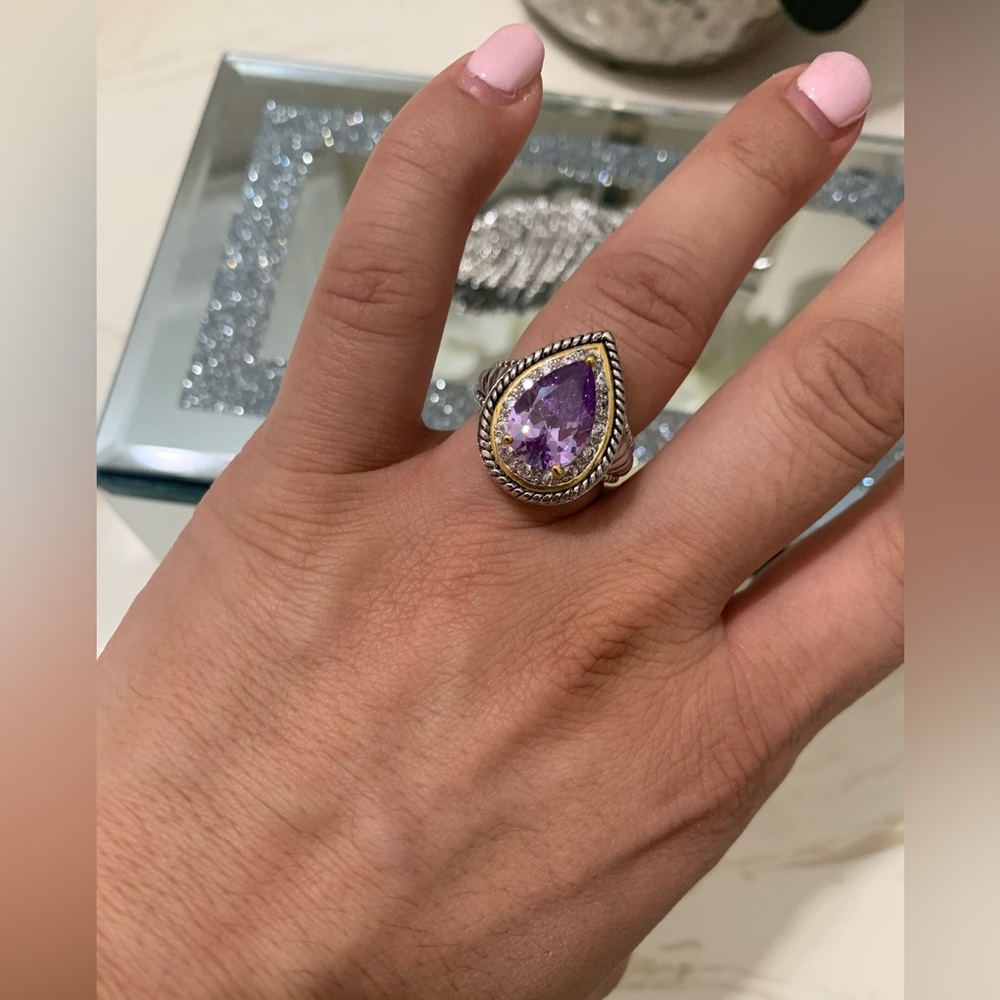 Amethyst pear shaped silver and gold tone ring